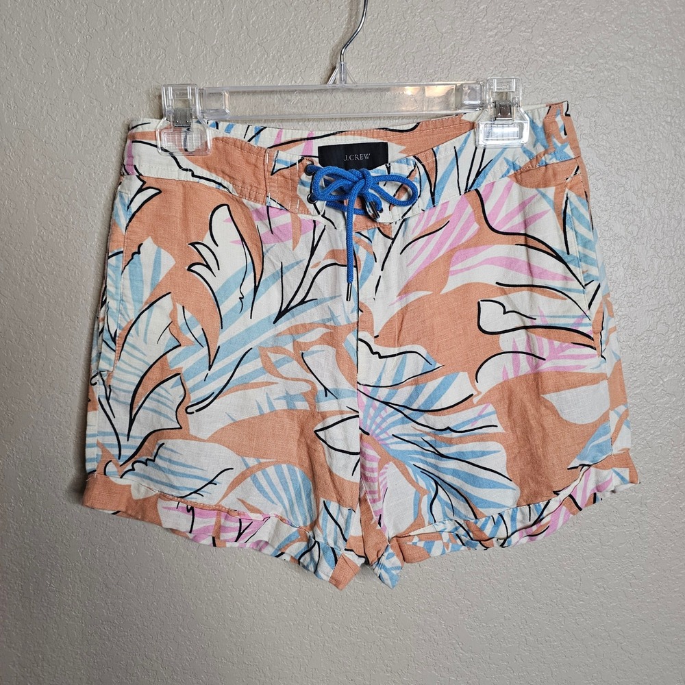 J.Crew Tropical‎ Oasis Palm Leaf Linen Cotton Shorts Peach Blue Size 4